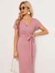 Short Sleeves V-Neck Tie-Waist Sheath Wedding Guest Dress – Dusty Rose