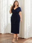 Short Sleeves V-Neck Tie-Waist Sheath Wedding Guest Dress – Navy Blue