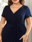 Short Sleeves V-Neck Tie-Waist Sheath Wedding Guest Dress – Navy Blue