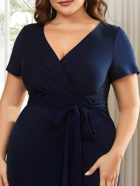 Short Sleeves V-Neck Tie-Waist Sheath Wedding Guest Dress - Navy Blue