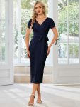 Short Sleeves V-Neck Tie-Waist Sheath Wedding Guest Dress – Navy Blue