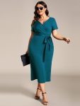 Short Sleeves V-Neck Tie-Waist Sheath Wedding Guest Dress – Teal