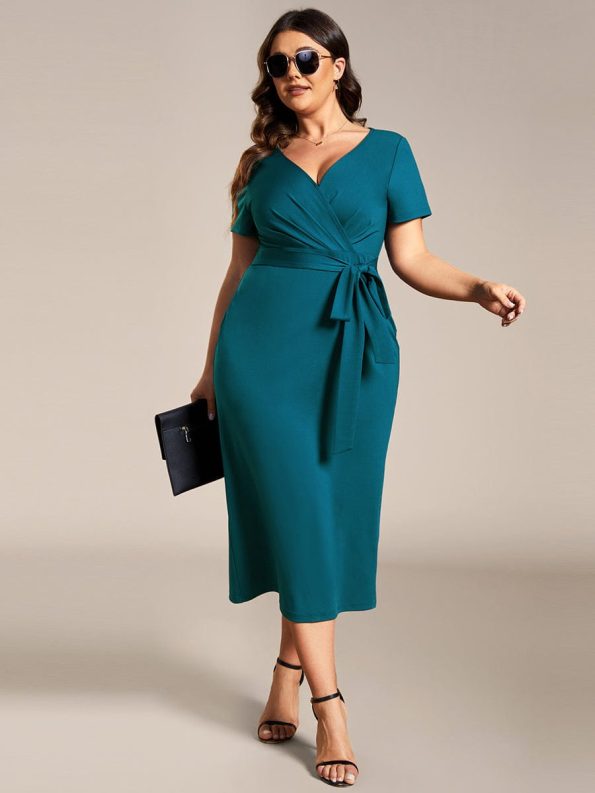 Short Sleeves V-Neck Tie-Waist Sheath Wedding Guest Dress - Teal