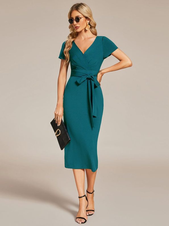 Short Sleeves V-Neck Tie-Waist Sheath Wedding Guest Dress - Teal