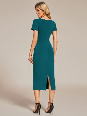 Short Sleeves V-Neck Tie-Waist Sheath Wedding Guest Dress - Teal