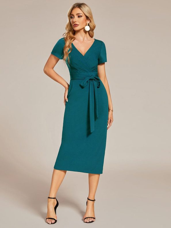 Short Sleeves V-Neck Tie-Waist Sheath Wedding Guest Dress - Teal