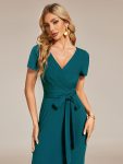 Short Sleeves V-Neck Tie-Waist Sheath Wedding Guest Dress – Teal