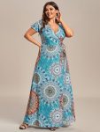 Summer One-Piece Printed Short Sleeve Tie-Waist Wedding Guest Dress – Bohemian Light Blue