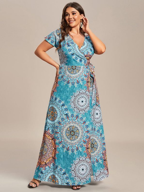 Summer One-Piece Printed Short Sleeve Tie-Waist Wedding Guest Dress - Bohemian Light Blue