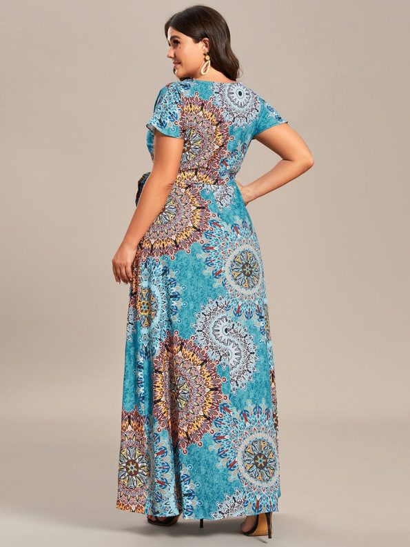 Summer One-Piece Printed Short Sleeve Tie-Waist Wedding Guest Dress - Bohemian Light Blue