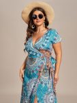 Summer One-Piece Printed Short Sleeve Tie-Waist Wedding Guest Dress – Bohemian Light Blue