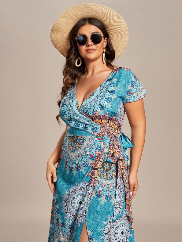 Summer One-Piece Printed Short Sleeve Tie-Waist Wedding Guest Dress - Bohemian Light Blue