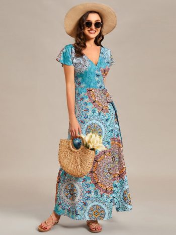 Summer One-Piece Printed Short Sleeve Tie-Waist Wedding Guest Dress - Bohemian Light Blue