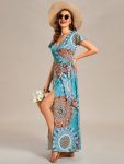 Summer One-Piece Printed Short Sleeve Tie-Waist Wedding Guest Dress – Bohemian Light Blue