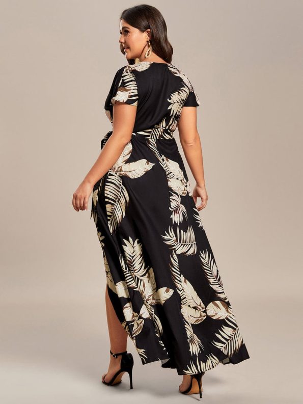 Summer One-Piece Printed Short Sleeve Tie-Waist Wedding Guest Dress - Black and Printed