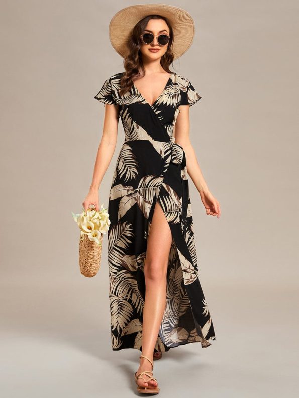 Summer One-Piece Printed Short Sleeve Tie-Waist Wedding Guest Dress - Black and Printed