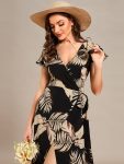 Summer One-Piece Printed Short Sleeve Tie-Waist Wedding Guest Dress – Black and Printed