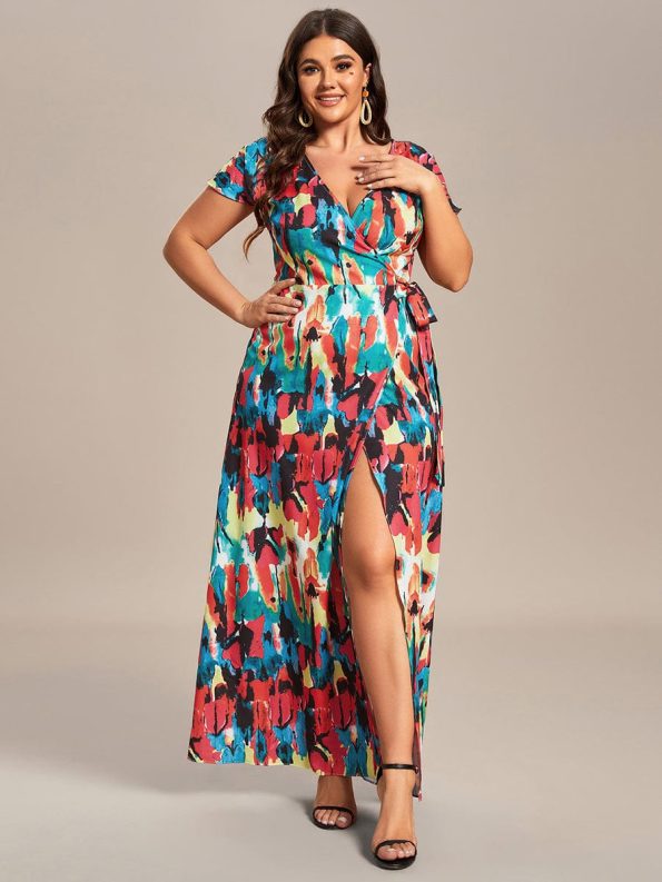 Summer One-Piece Printed Short Sleeve Tie-Waist Wedding Guest Dress - Multicolor