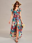 Summer One-Piece Printed Short Sleeve Tie-Waist Wedding Guest Dress – Multicolor