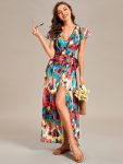 Summer One-Piece Printed Short Sleeve Tie-Waist Wedding Guest Dress - Multicolor