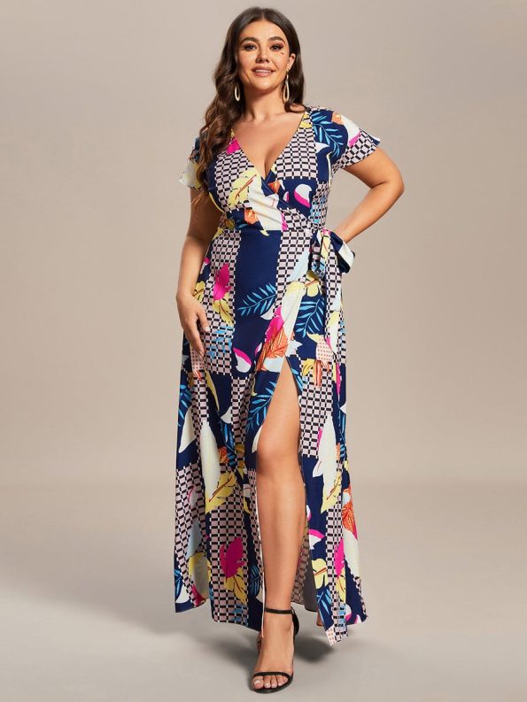 Summer One-Piece Printed Short Sleeve Tie-Waist Wedding Guest Dress - Printed Geometry