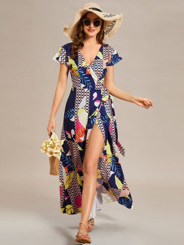 Summer One-Piece Printed Short Sleeve Tie-Waist Wedding Guest Dress - Printed Geometry