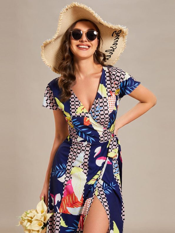 Summer One-Piece Printed Short Sleeve Tie-Waist Wedding Guest Dress - Printed Geometry