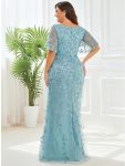 Gorgeous V Neck Leaf-Sequined Fishtail Party Dress – Dusty Blue