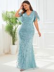 Gorgeous V Neck Leaf-Sequined Fishtail Party Dress – Dusty Blue