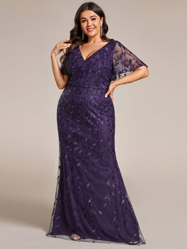 Gorgeous V Neck Leaf-Sequined Fishtail Party Dress - Dark Purple