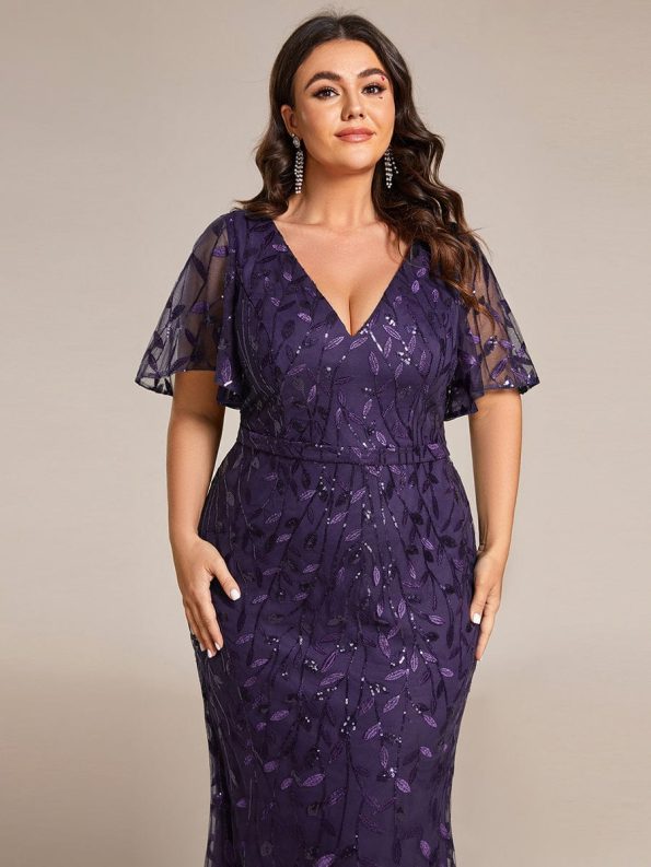 Gorgeous V Neck Leaf-Sequined Fishtail Party Dress - Dark Purple