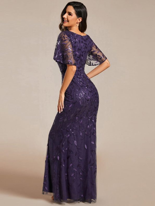 Gorgeous V Neck Leaf-Sequined Fishtail Party Dress - Dark Purple