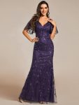 Gorgeous V Neck Leaf-Sequined Fishtail Party Dress – Dark Purple