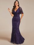 Gorgeous V Neck Leaf-Sequined Fishtail Party Dress – Dark Purple