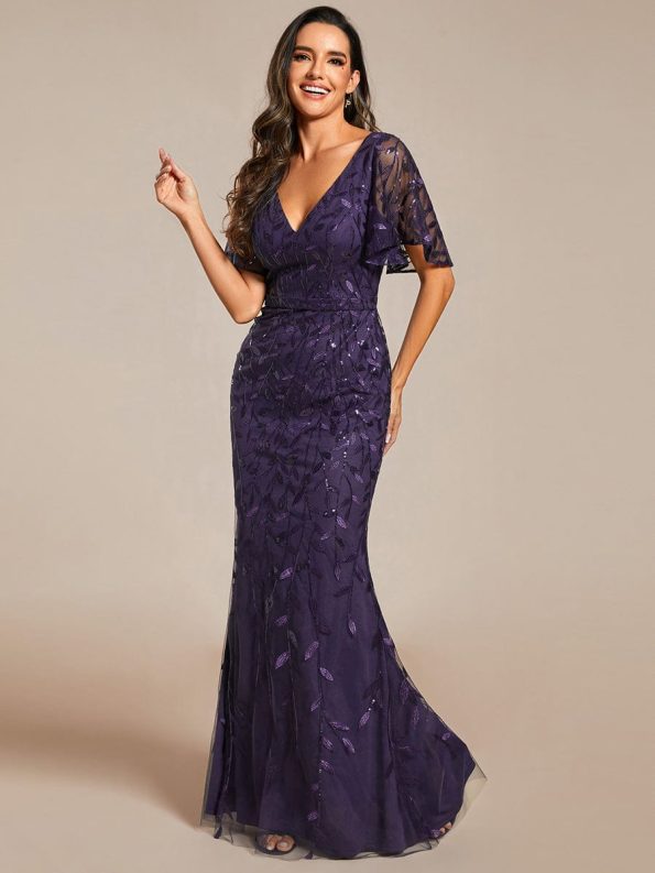 Gorgeous V Neck Leaf-Sequined Fishtail Party Dress - Dark Purple