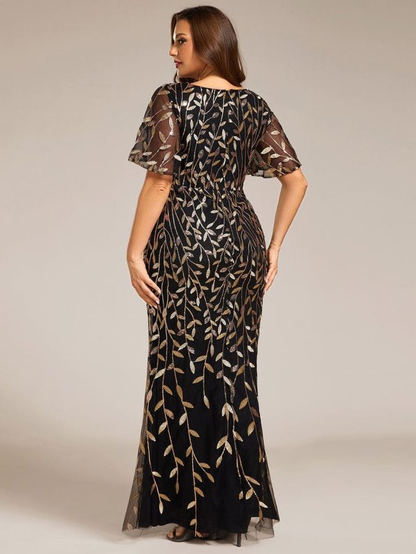 Gorgeous V Neck Leaf-Sequined Fishtail Party Dress - Black & Gold