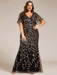 Gorgeous V Neck Leaf-Sequined Fishtail Party Dress – Black & Gold