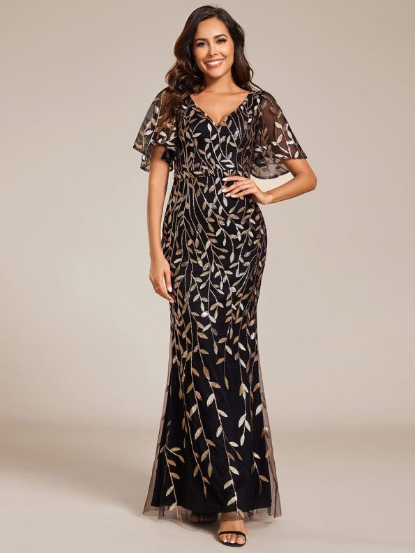 Gorgeous V Neck Leaf-Sequined Fishtail Party Dress - Black & Gold