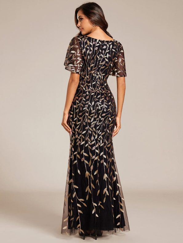 Gorgeous V Neck Leaf-Sequined Fishtail Party Dress - Black & Gold