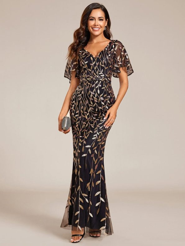 Gorgeous V Neck Leaf-Sequined Fishtail Party Dress - Black & Gold