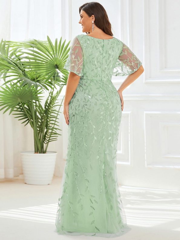 Gorgeous V Neck Leaf-Sequined Fishtail Party Dress - Mint Green