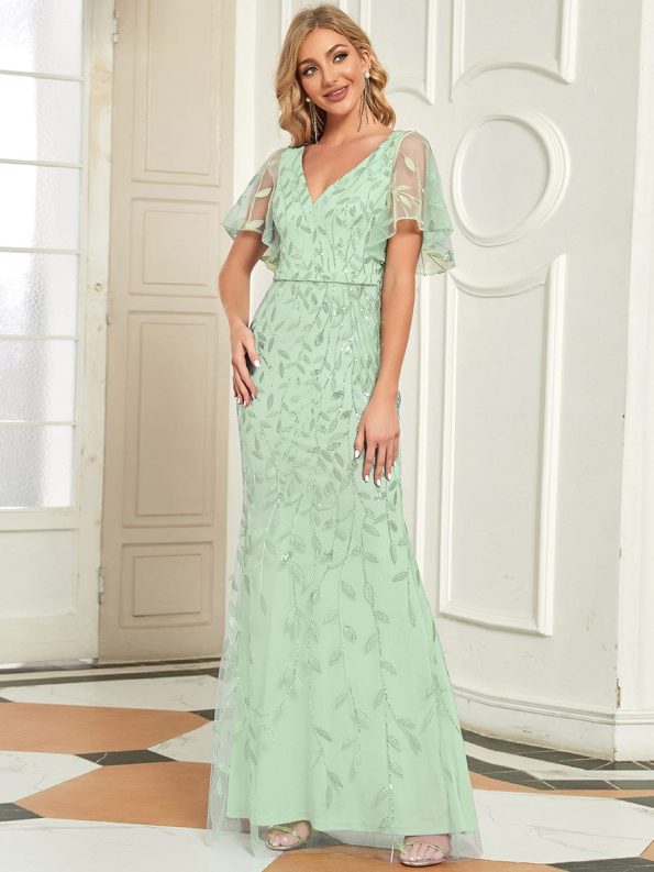 Gorgeous V Neck Leaf-Sequined Fishtail Party Dress - Mint Green