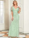 Gorgeous V Neck Leaf-Sequined Fishtail Party Dress – Mint Green