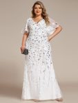 Gorgeous V Neck Leaf-Sequined Fishtail Party Dress – White