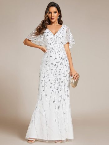 Gorgeous V Neck Leaf-Sequined Fishtail Party Dress - White