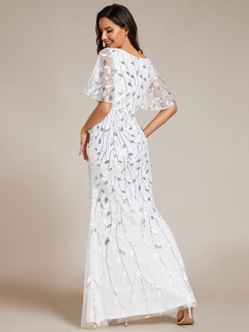 Gorgeous V Neck Leaf-Sequined Fishtail Party Dress - White