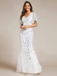 Gorgeous V Neck Leaf-Sequined Fishtail Party Dress – White