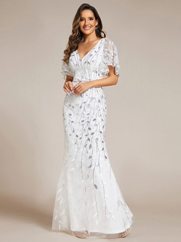 Gorgeous V Neck Leaf-Sequined Fishtail Party Dress - White