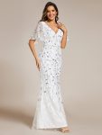 Gorgeous V Neck Leaf-Sequined Fishtail Party Dress – White