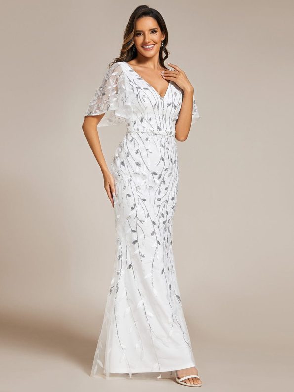 Gorgeous V Neck Leaf-Sequined Fishtail Party Dress - White